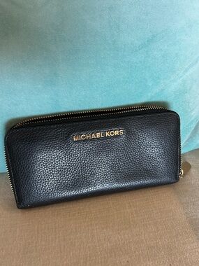 Michael Kors Black Pebbled Leather Zip Wallet with Gold Hardware